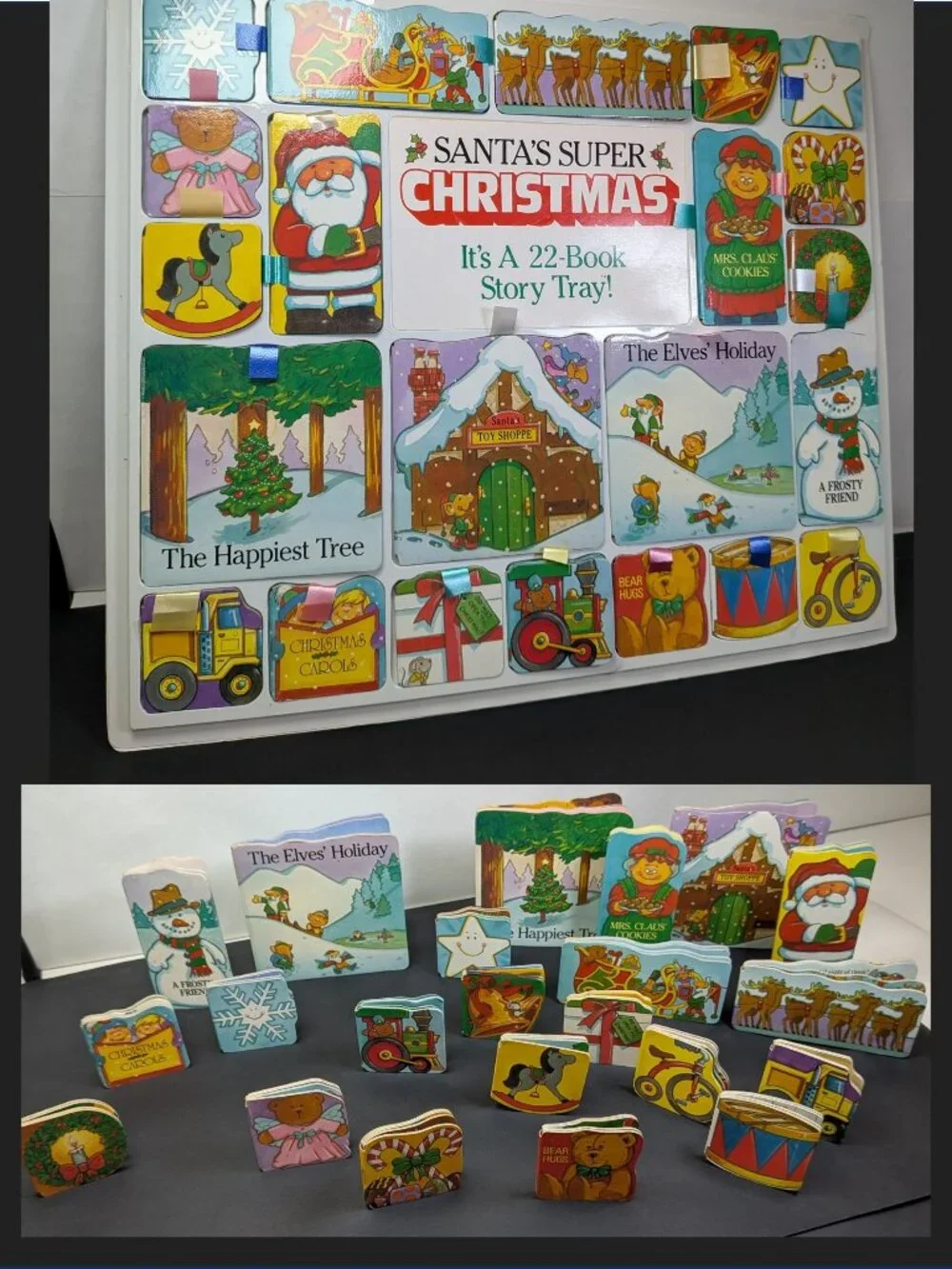 Santa’s Christmas Story Tray 1991, Vintage 22 Mini Board Books Stand Up Decor